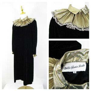 Vintage Mollie Parnis Studio Womens Black Velvet Gold Collar Shift Dress Size 8